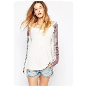 Free People Mixtape Drippy Thermal Tunic Raw Hi lo Hem White Gray Red Medium